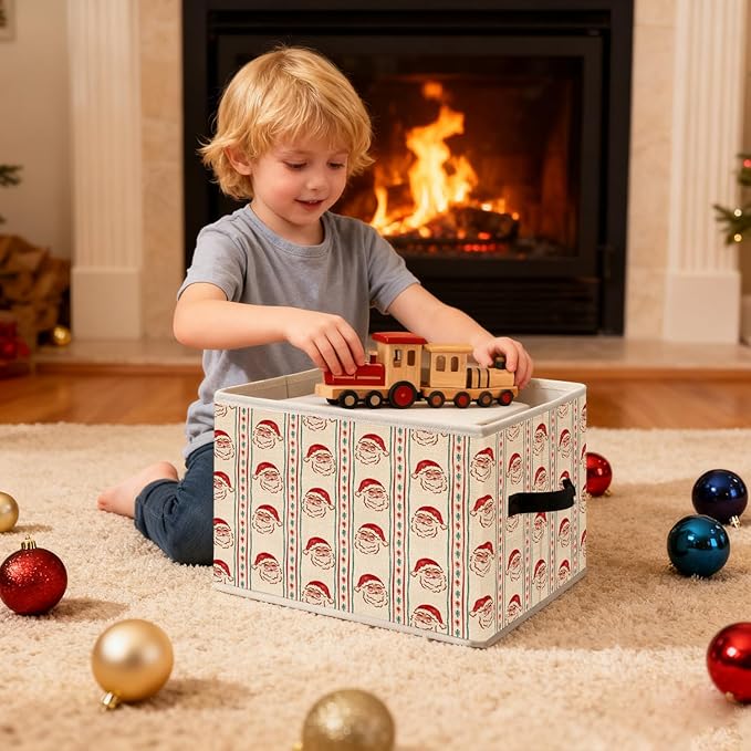 Christmas Santa Storage Bins, Red and Green Stripe Christmas Santa Claus Snowflakes Holiday Foldable Closet Organizers Storage Basket Toybox for Clothes Bed Sheets Blankets Toys