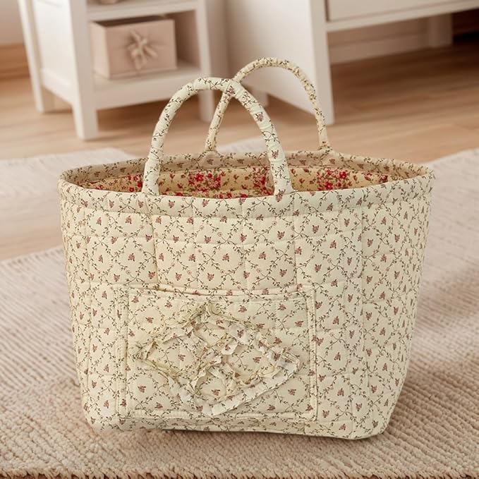 Quilted Fabric Storage Basket Boho Floral Laundry Baskets with Handles Collapsible Quilted Soft Basket for Car, Clothes, Toys Storage