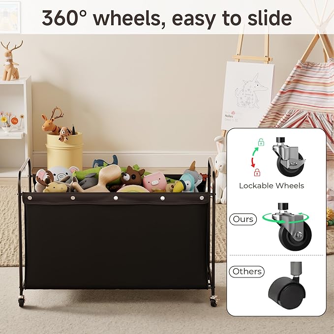 StorageWorks Toy Chest Storage with Wheels, Extra Large Kids Toy Box, Toy Storage Organizer, Metal Toybox for Bedroom, Living Room Area, Kids Room, 200L, Black