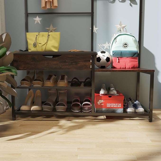 CharaVector 4-in-1 Hall Tree with Storage Drawer & Soft Cushion - Industrial Entryway Bench Coat Rack, Antique Brown, Parent-Child Design with Stable Metal Frame