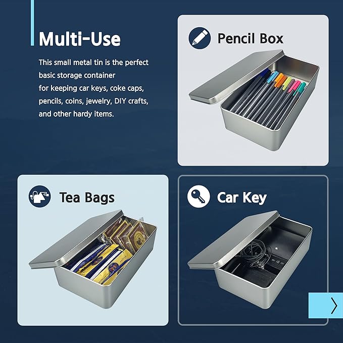Silver Metal Tin Box Lids - Large Containers, Holder for Keeping Car Keys, Cookie, Pencil Case, 8.2 x 4.7 x 2.4 inch