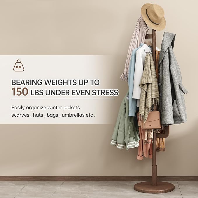Solid Wood Cactus Coat Rack, Freestanding Coat Rack With 6 L-Shaped Hooks and 3 Adjustable Sizes, Coat Tree for Bedroom, Entryway, Livingroom, Coat Hanger Stand for Coats, Handbags (Walnut)