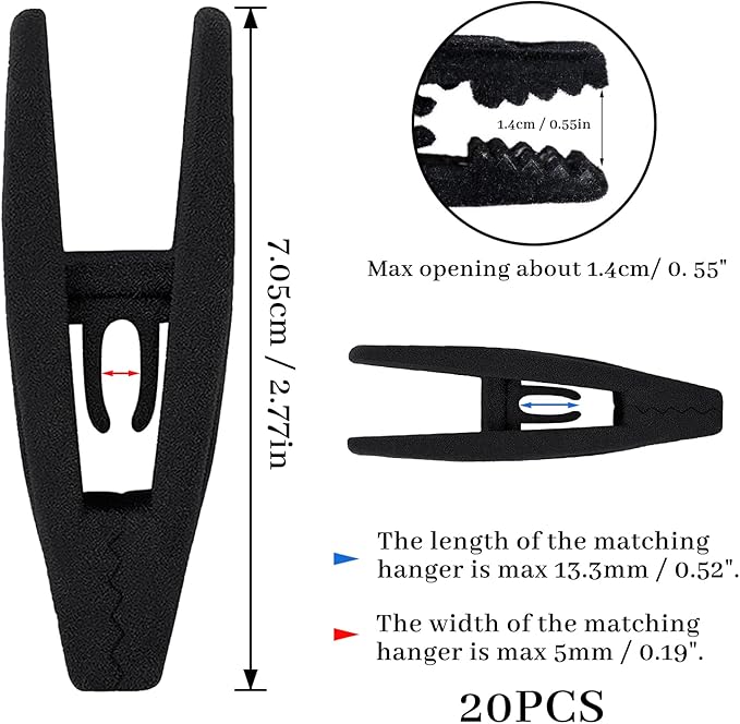 Andiker 20PCS Black Velvet Hanger Clips, Non-Slip Strong Finger Flocked Clips for Thin Velvet Hangers Suit Pants Trousers Skirt (Black)