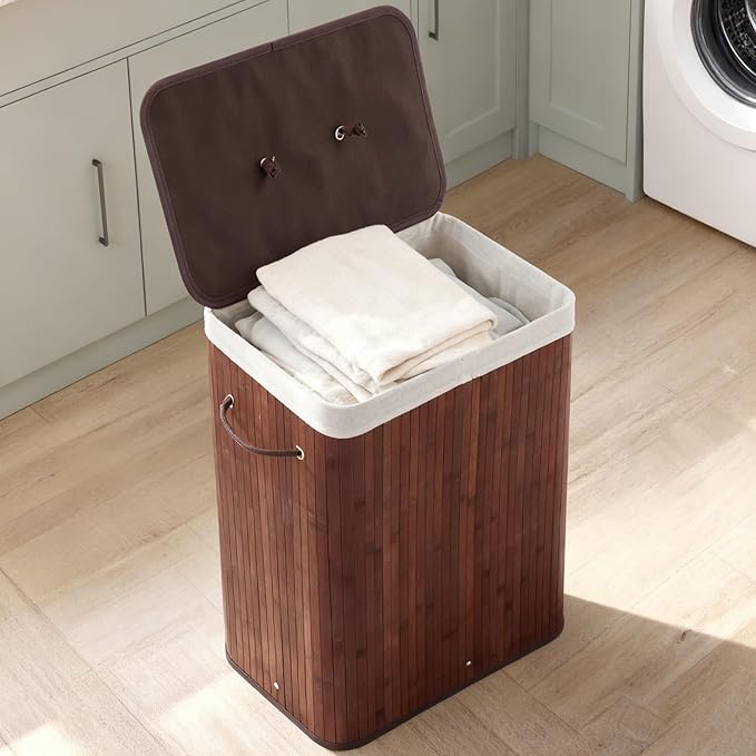 GarveeHome Folding Bamboo Laundry Hamper with Lid, 28 Gal /106L Wooden Laundry Basket with Washable Liner Bag, Slim Clothes Storage Hamper for Small Bedrooms Apartments Dorms, Brown