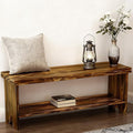 43" Solid Wood Farmhouse Bench, Entryway Bench with Storage Shelf, Vintage Long Rustic Indoor Bench for Bedroom, Entryway, Hallway, Dining