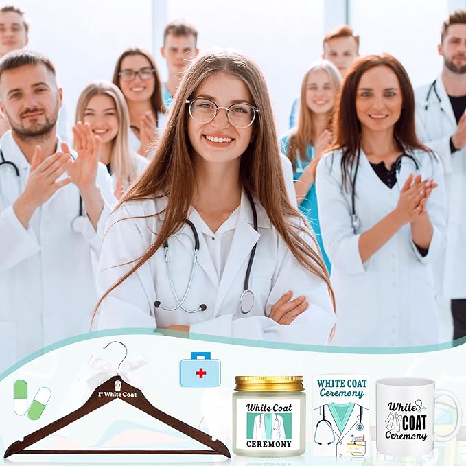 Nuanchu 4 Pcs White Coat Ceremony Gifts for Men Women Medical Student Include First White Coat Hanger Doctor Candle Mug Card Gift for Med School Pharmacist New Doctor