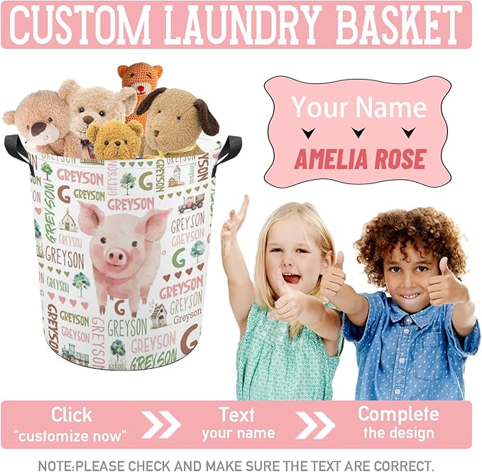 Pig Laundry Basket,Custom Laundry Hamper with Name,Personalized Pig Gifts for Boys Girls,Customize Collapsible Laundry Basket for Bedroom Bathroom,M-19.5"X 15.7"