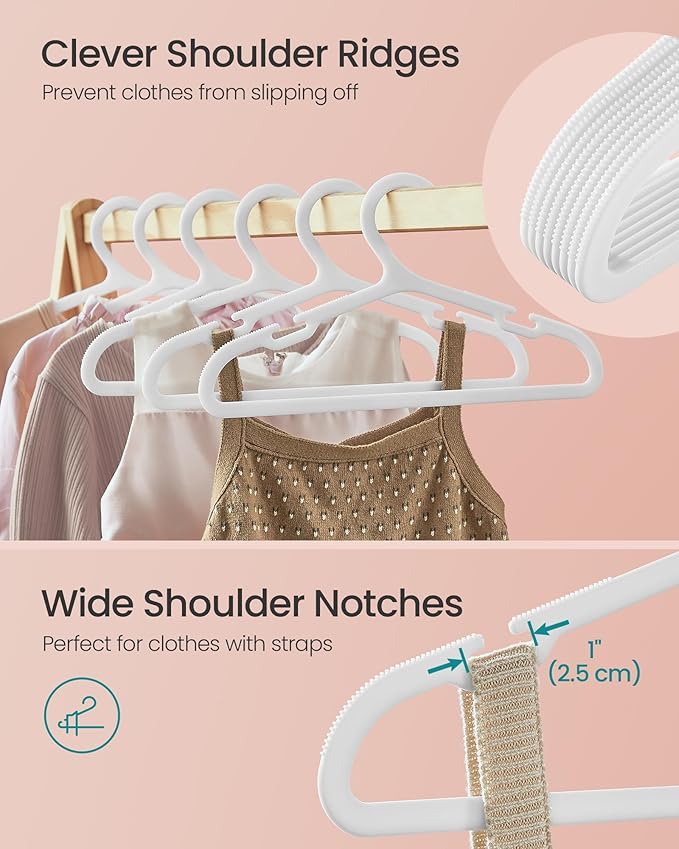 SONGMICS Baby Hangers 100 Pack, Plastic Kids Hangers for Closet, 11 x 6.1 Inches, for Children Aged 0-6 Years, Space-Saving, Non-Slip, Cloud White UCRP180W01