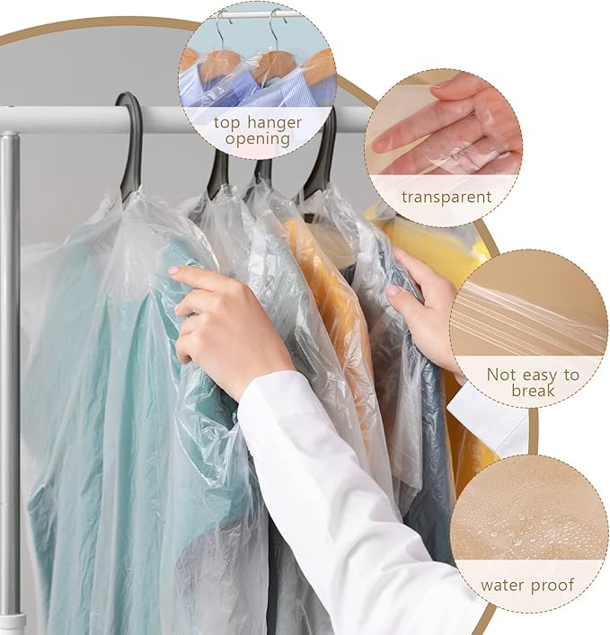 20 Pack Clear Clothes Covers 23.6x47.2 inch Plastic Garment Bags Dry Cleaner Bags for Hanging Clothes Dust-proof Transparent Clothing Protector Covers for Closet Storage