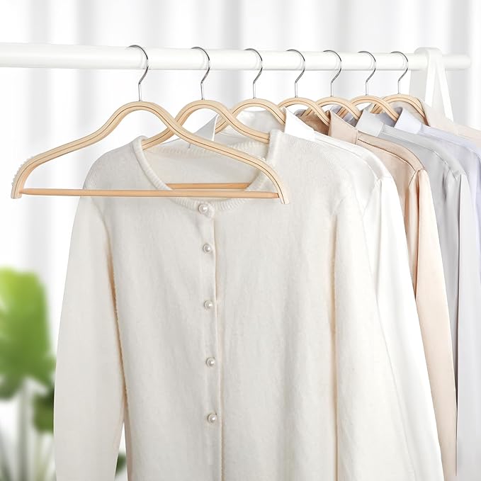 TOPIA HANGER Sleek Wooden Hangers with Non-Slip Rubber Grips, Sweater Hangers No Shoulder Bump, Lightweight Clothes Hangers 30-Pack, 360° Swivel Hook and Pants Bar-CT63N30