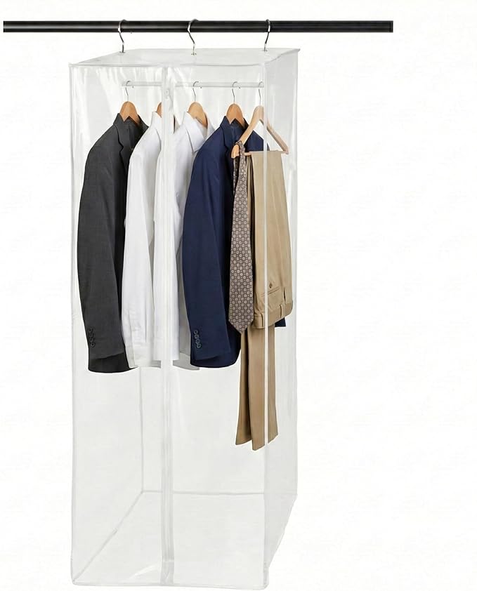 Garment Bag - Clear Hanging Closet Organizer - Durable Zippered Cover with Rod Protects Dresses, Suits, and Jackets from Dust and Moist- Top Metal Frame to Keep All Your Stuff in Shape- 42" x 20" x 15