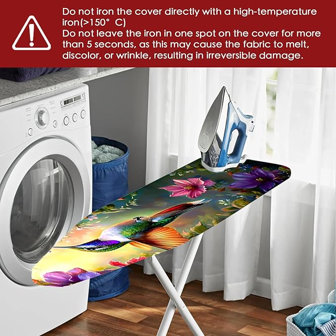 Nuxovilar Ironing Board Cover with Hummingbird and Colorful Flowers Pattern, 15x54 Inches Polyester - Ironing Board Cover and Pad for Garden - Themed Room, Sunroom, Craft Studio