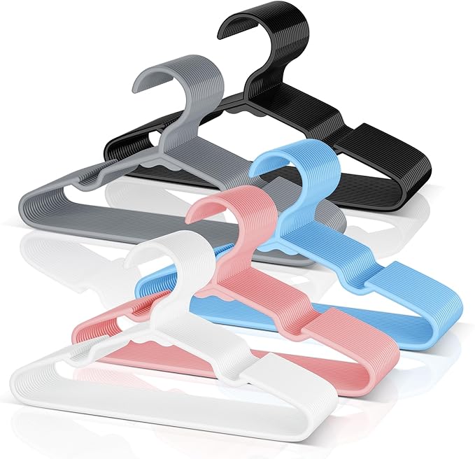 VTRIN Baby Hangers 100 Pack Large Capacity Hard Plastic Kids Hangers Suitable for All Clothes of Infant, Such as Short, Shirts White 20, Black 20, Grey 20, Blue 20, Pink 20
