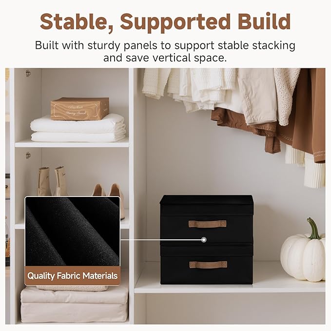StorageWorks Fabric Storage Bins with Lid, Decorative Storage Boxes for Shelves, Stackable Closet Organizer and Storage Basket with Handle, Black, 2-Pack