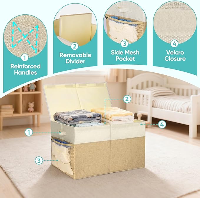 BALEINE Fabric Storage Bins with Lid, Collapsible Extra Large Storage Boxes Bins Baskets with Divider for Home Organizing (25"x13"x16", Black&Beige)
