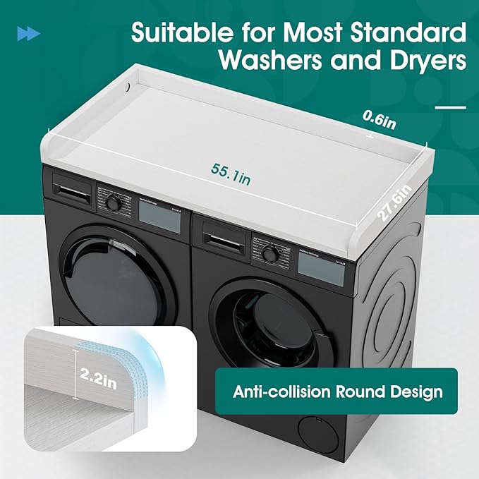 Washer Dryer Countertop, 27.5" Depth x 54" Width, Washer Dryer Wood Top for Laundry Room Organization, Melamine Countertop with Edge Rails