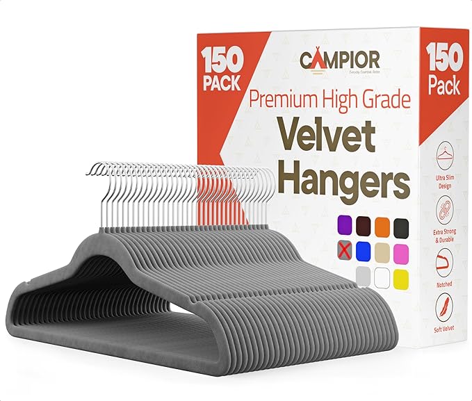 Gray Velvet Hangers 150 Pack – 360° Swivel Hook, Non-Slip and Space Saving Hangers, Heavy-Duty 11 lbs Weight Capacity - Smooth Velvet Finish for Crease-Free Clothes and Effortless Closet Organization