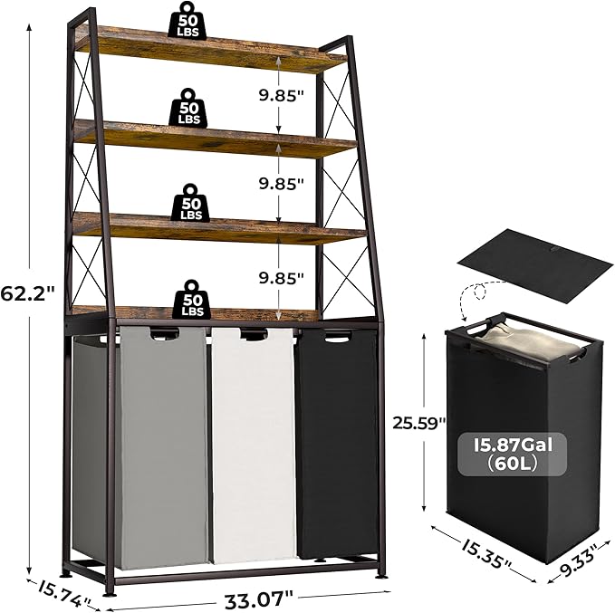 Laundry Basket, 3 Section Laundry Hamper with 4 Tiers Shelf, Pull-Out and Removable Laundry Bags, Large 3 x 15.87 Gallons, for Laundry Room Bathroom Rustic Brown PF05XLN