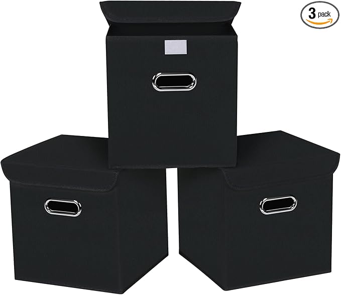 Closet Organizers Fabric Storage Bins With Lids Collapsible Cube Storage Organizer Basket With Handles,Storage Boxes for Clothes Storage,Office,Toys,3 Pack,（Black