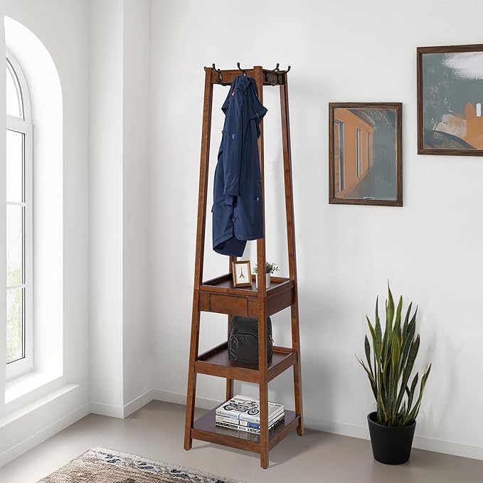 eHemco Wooden Coat Rack Stand with 8 Hooks, 3 Storage Shelves and Drawer, Heavy Duty Hall Tree, 70.20 Inches Height, Coffee