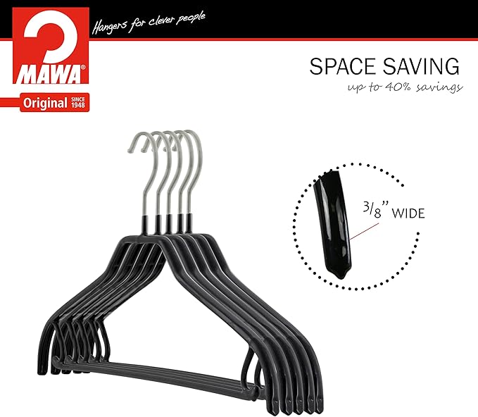 Mawa by Reston Lloyd Silhouette Series Non-Slip Space Saving Clothes Hanger with Bar & Hook for Pants and Skirts, Style 41/FRS, Set of 12, Black