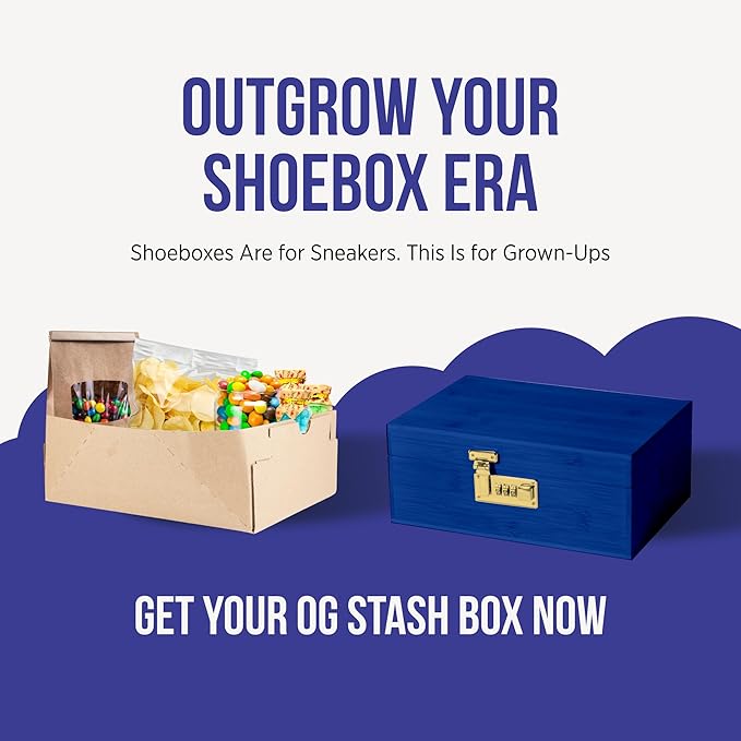 The OG Storage Box - Large Bamboo Box with Combination Lock, Magnetic Lid, Organizer Tray, Airtight Tube and 3 Jars - Discreet Decorative Locking Wooden Box with Accessories (Royal Blue/Gold)