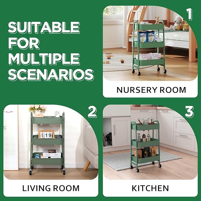 AGTEK 3 Tier Utility Rolling Cart with Lockable Wheels, Metal Multifunctional Storage, Organizer Cart for Kitchen, Office, Living Room, Makeup, Craft, Art Studio, Olive Green