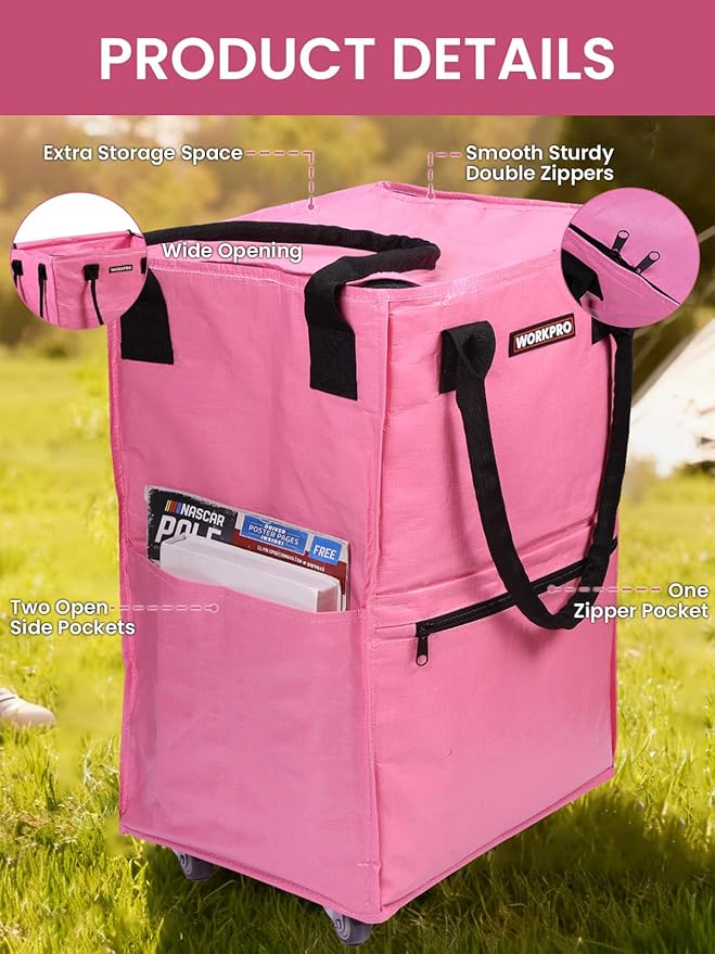 WORKPRO Medium Reusable Grocery Bag on Wheels, Heavy Duty Rolling Shopping Tote with Handle, Folding Trolley on 4 Caster Wheels for Groceries, Laundry, Camping, Moving