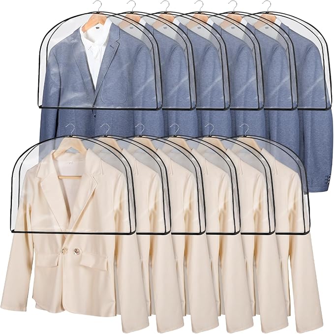 KEEGH 18"H Shoulder Covers for Clothes (Set of 12) Breathable Garment Covers Closet Dust Covers Protectors Hanger Covers for Clothes, 2" Gusset Hold More Suit, Coats, Jackets, Dress, Clear/Black