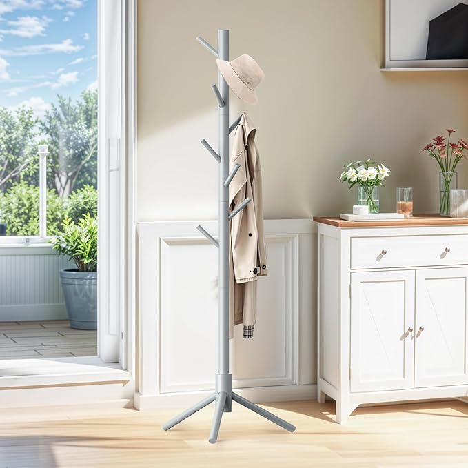 Wooden Coat Rack Freestanding with 8 Hooks,Easy Assembly New Zealand Pine Tree Coat Racks, 3 Adjustable Sizes for Clothes, Hats, Bags, for Entryway, Hallway, Bedroom, Office (Grey, 1 PC)