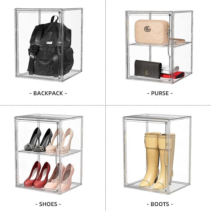 Clear Acrylic Display Case, Super Large Stackable Storage Bins Magnetic Attraction Lids, 3 Pack Acrylic Box with Divider for Collectibles, Figures, Purse, Handbag, Wallet, 11.4x9.84x15.4 inch