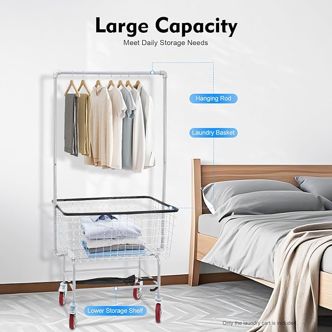 Rolling Laundry Bakset, 27 * 22 * 67Inch Heavy Duty Steel Wire Laundry Cart with Double Pole Rack Rectangular Laundry Hamper Butler Cart with Wheels for Laundries Transporting Clothes Towels