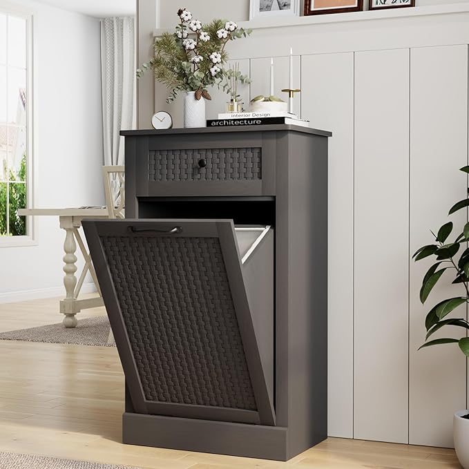 Tilt Out Laundry Hamper Cabinet, Rattan-Style Laundry Room Organization with Removable Laundry Basket, Hidden Wood Dirty Clothes Hamper with Drawer, 21.6" L x 13" W x 35.8" H, Gray