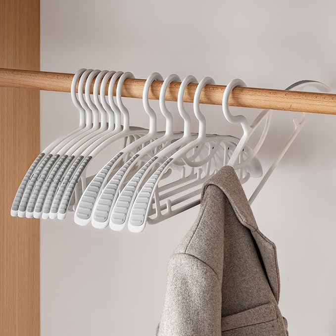Non-Slip Hangers, Heavy Duty, Durable, Plastic Hanger with Rubber and Horizontal Bar for Closet, Coats, Pants, Shirts, White (20 Pack 16.3 inch)
