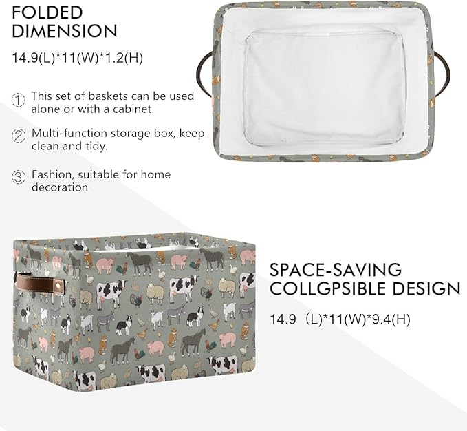 Farm Animals Pattern Rectangle Storage Bin, 15 x 11 x 9.5 in, Collapsible Organizer Storage Basket for Home Décor，2PACK