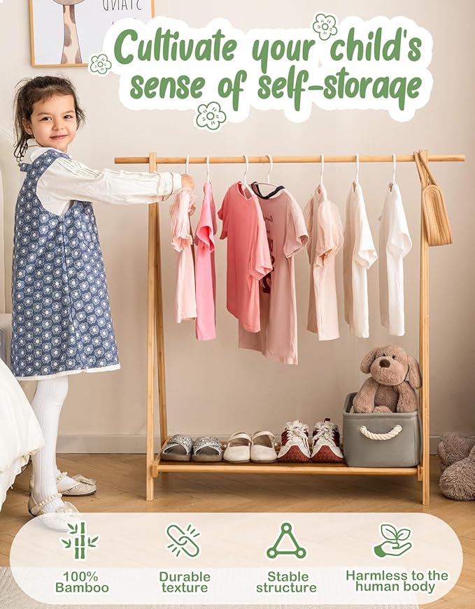 Kids Clothing Rack with Storage Shelf, Kids Dress Up Rack, Dance Costume Garment Rack for Hanging Clothes,Garment Rack for Hanging Clothes Organizer, Bamboo (Natural)