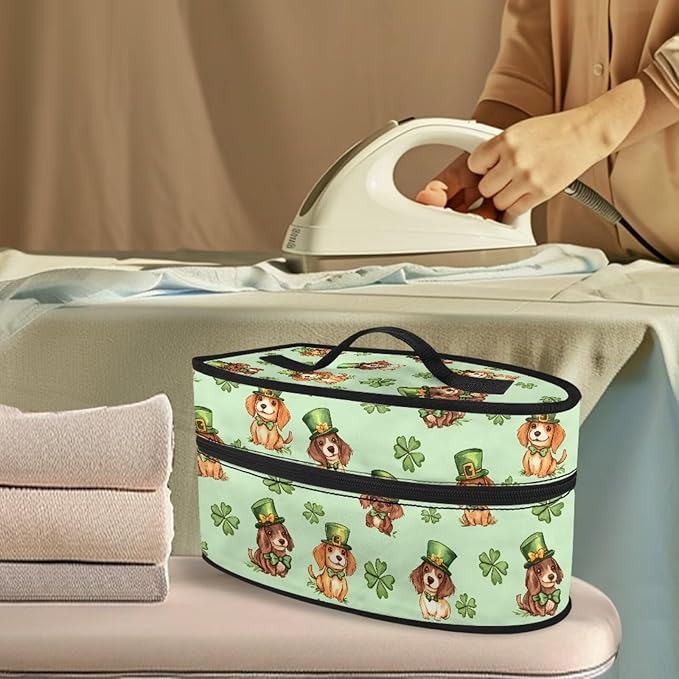 Saint Patricks Day Iron Storage Bag Fits Traveling Outing Lightweight Cute Iron Storage Case Protective Carrying Bag with Smooth Zipper, Beagle Four Leaf Clover