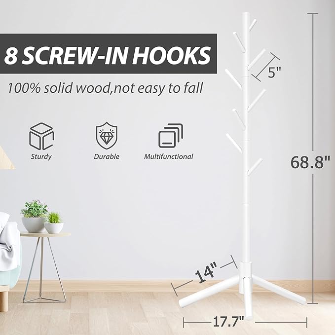 Durable Wooden Coat Rack, Freestanding Coat Rack with Stable Triangular Base, 8 Hooks & 3 Adjustable Heights, Simple Assembly for Bedroom, Hallway, Office(New White)