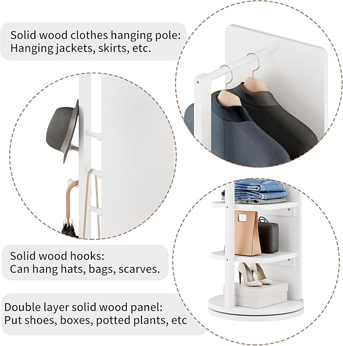 CHANCEE 360° Rotating Full-Length Mirror with Storage, 69"x16" Solid Wood Freestanding Coat Rack with Hooks, Space-Saving for Bedroom, Living Room, Cloakroom (White)