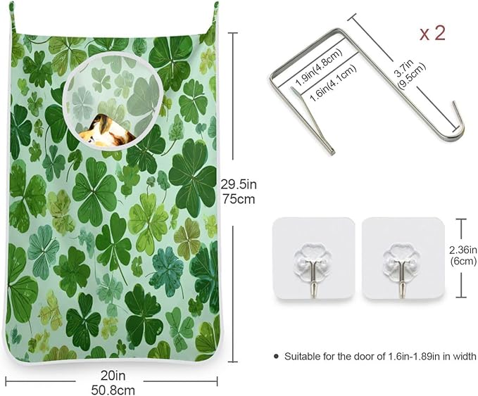 Green St Patrick Clovers Hanging Laundry Hamper Door Hampers Bag Basket with Stainless Steel Hooks Oxford Fabric Printing Decorative Clothes Bags 29.5X20inch 1Pack