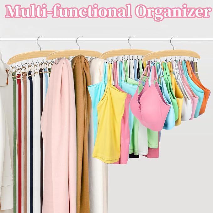 2 Pack Bra Organizer for Closet, 360° Rotating Bra Hanger Space Saving w/20 Foldable Metal Hooks, Tank Top Hanger Closet Organizers and Storage for Camisoles/Tank Tops/Bras/Belts/Scarves Wood