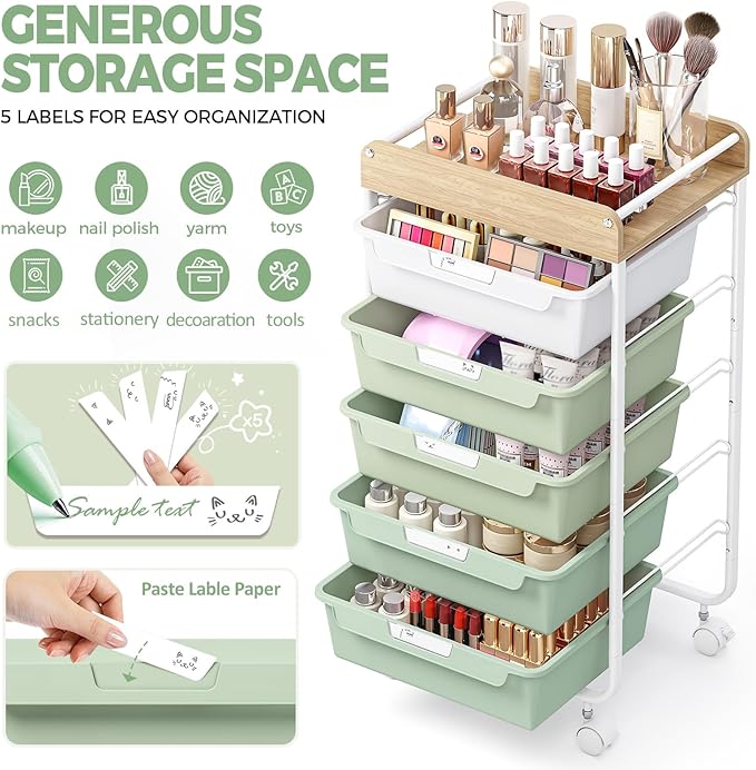 APEXCHASER Plastic Drawer Organizers with 5 Deep Drawers, Rolling Utility Cart with Wooden Top,Craft Storage Cart for Paperwork,Crafts,Snack,Kids’ Room,Nursery,Green
