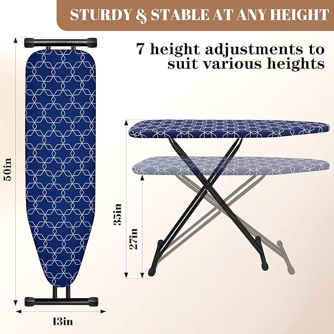 Classic Ironing Board, Compact and Space Saver,Size 43 x 13 Ironing Board, Extra Wide Ironing Area with Extra Thick Heavy Duty Padded, Stable Structure,Easy to Fold Blue Geometry