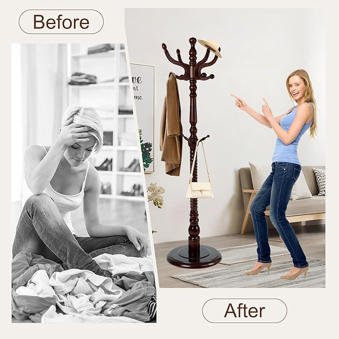 Wooden coat rack stand, Heavy duty coat racks tree freestanding with 11 Hooks and Sturdy Round Base, Coat tree for jacket,Hats, Bags, Purses, clothes (Round base-Dark brown)