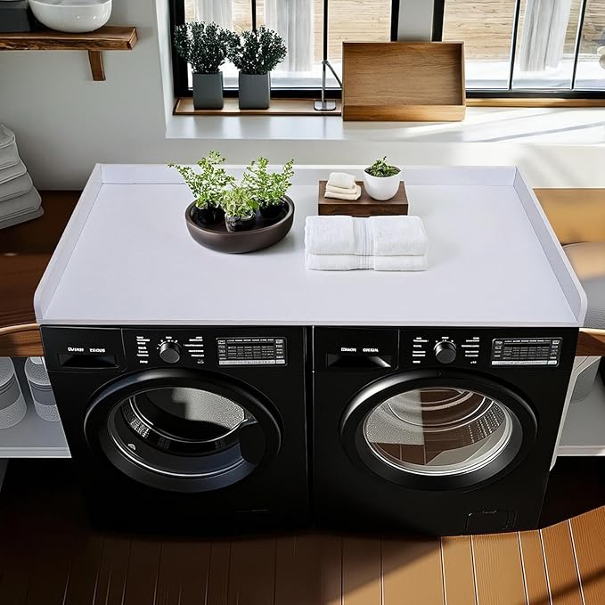 Washer Dryer Countertop Cover 54x27.5 Inch - Wood Laundry Table Top Organizer for Washing Machine & Dryer Set with Protective Edge, Heavy Duty Shelf (White)