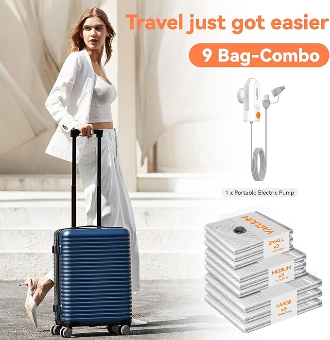 Travel Vacuum Storage Bags with USB and TYPE C Pump, 9 Pack Carry-On Size Compression Packing Bags for Luggage and Suitcase, Space Saver for Clothes and Clothing Travel（Grey）