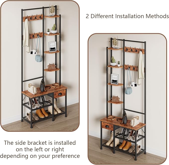 Furologee Coat Rack, Hall Tree with Bench and Shoe Rack, 4 in 1 Entryway Bench, Entryway Shoe Storage with 4 Shelves, 8 Hooks, 1 Fabric Drawer, Rustic Brown