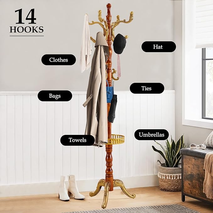 Wood Coat Rack Freestanding, Natural Coats Tree Stand with 14 Hooks, 73" Sturdy and Easy Assembly Coat Rack Stand for Entryway, Hallway, Bedroom, Bags, Hats (With storage tray-Golden)