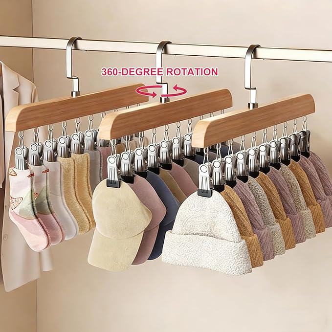 Hats Hangers with 10 Clips,Space Saving Cap Organizer for Closet,Wooden Legging Hangers 2 Pack,360° Rotating Hanging Closet Organizer for Pants, Skirts and Socks Storage(Set of 2,Vintage)