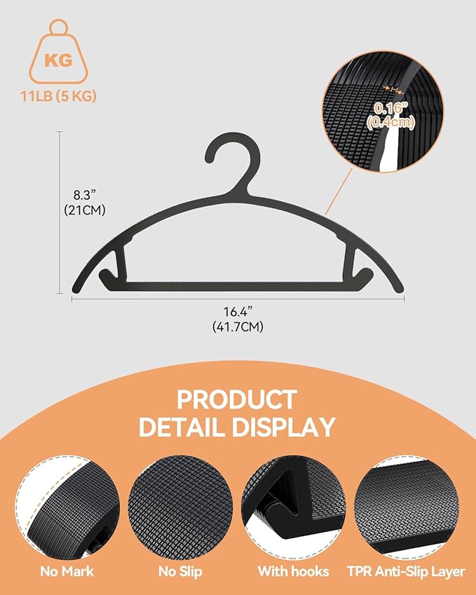 100 Pack Clothes Hangers, Non Slip Heavy Duty Plastic Hangers, Space Saving All-in-One Garment Hangers for Dresses Suits Jeans Knits, Hold Up to 11 LB Dry & Wet, 16.4" x 8.3",Black,UAPY08100B